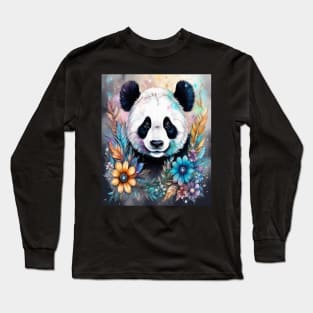 Fantasy, Watercolor, Panda Bear With Flowers and Butterflies Long Sleeve T-Shirt